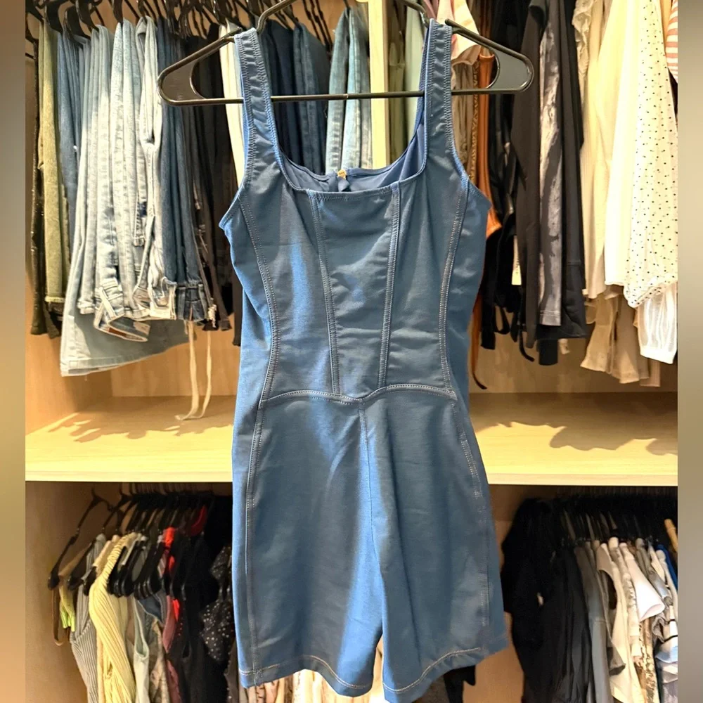 Popilush Shapewear Denim Square Neck Zip Front Sculpting Romper - Picture 4 of 5